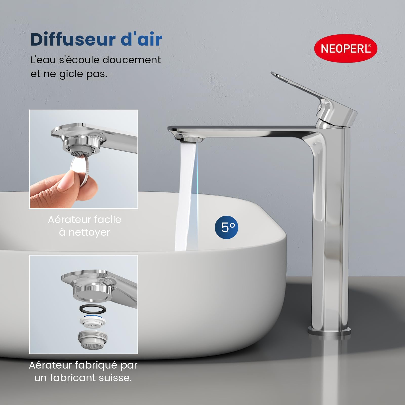 EMKE - Grifo de baño cromado, mezclador de latón con cartucho de cerámica y aireador, instalación fácil, 269x215x49 mm, grifo de lavabo duradero, ahorro de agua