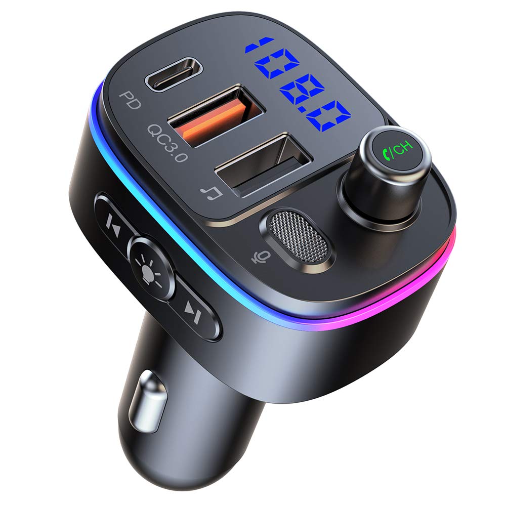 Phone Village Wireless Bluetooth v5.0 FM Transmitter for Car, Supports Fast Charging with QC 3.0 and USB C, Hands-Free Calling Noise Cancellation, MP3 Player Bass Boost Clear Audio (Jet Black) (T65)