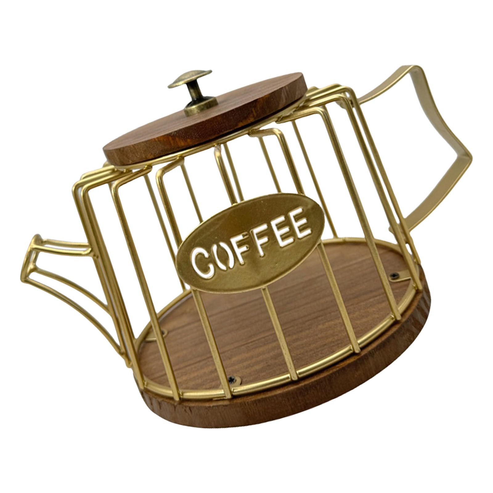 YWLUUOO Iron Coffee Pods Storage Organiser with Wooden Base and Lid for Kitchen Countertop Display Cup Shape Wire Basket Iron Coffee Pods Storage Organiser