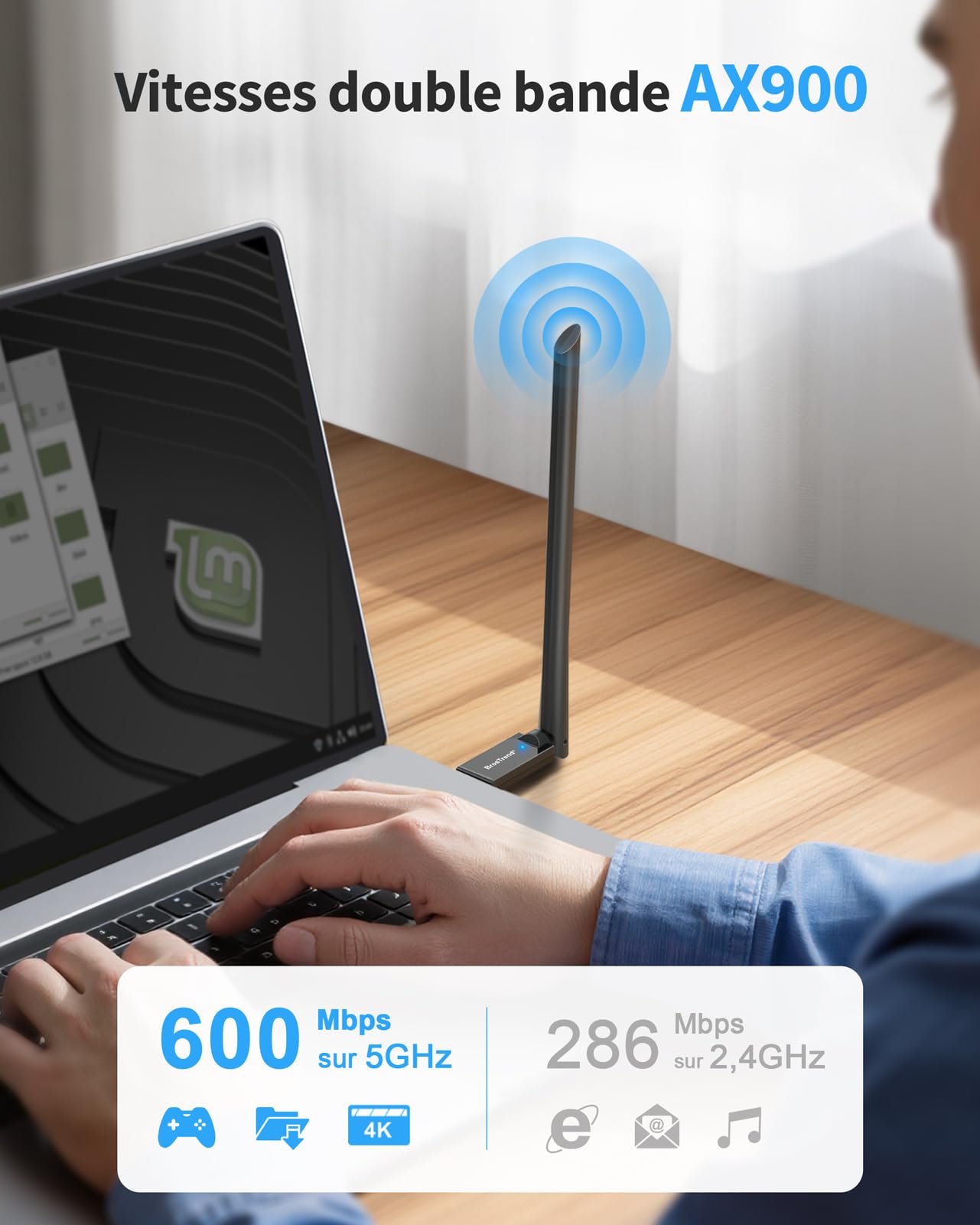 BrosTrend AX900 Wi-Fi 6 Clé WiFi Linux pour Ubuntu, Mint, Debian, Zorin, Raspberry Pi OS, Kubuntu, Mate, Windows etc. Clé USB Dongle WiFi Linux Double Bande 5GHz /2,4G, Antenne à Gain Élevé 6dBi, WPA3