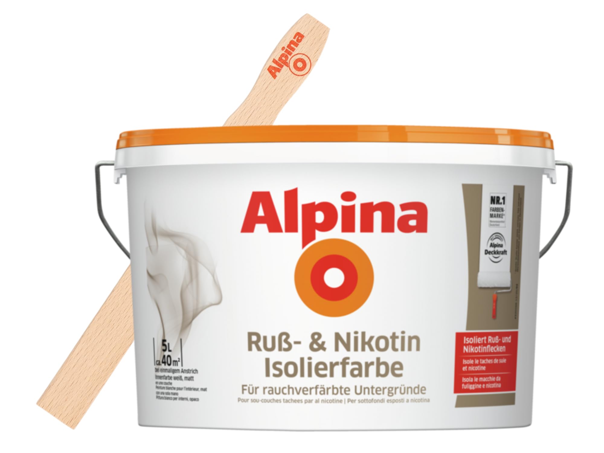 Alpina Ruß- & Nikotin Isolierfarbe 5 Liter Weiß matt – Spezialfarbe zur effektiven Abdeckung – inkl. gratis Rührholz
