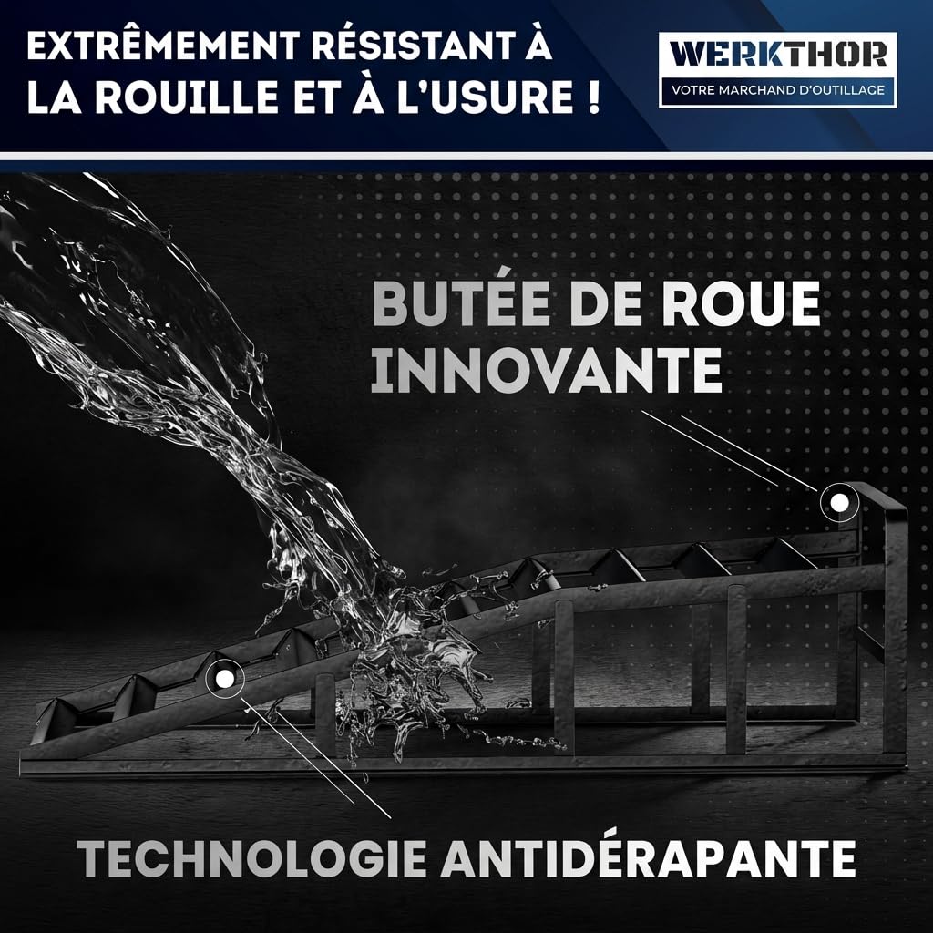 WERKTHOR [Lot de 2 Noir] Rampes d'Accès Métal Voiture, Rampe Voiture Levage Adhérence Maximale, Pont Mobile Voiture, Rampe Voiture Vidange Résistante Toutes Surfaces