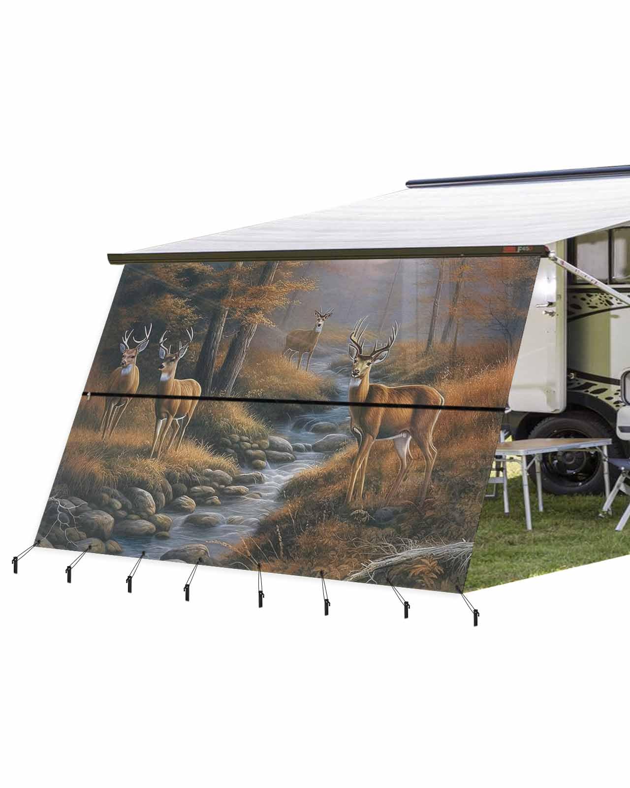 RV Awning Sun Shade Screen Deer in Sunset Forest Mesh Sunshade with Zipper UV Blocker Sunscreen Privacy Shade Screen for Motorhome Camper Trailer Canopy 9x15.3 Ft