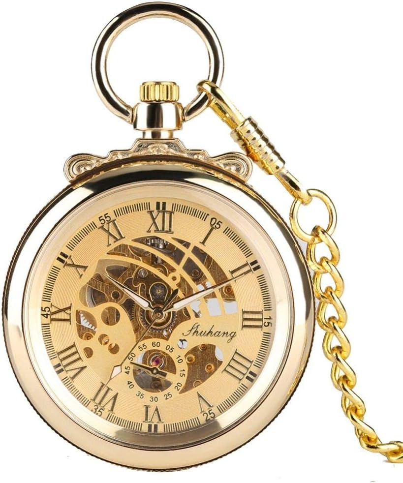 OIFMKC Pocket Watch Men's Golden Pocket Watch, Concise Mechanical Movement Necklace Pocket Watch for Man, Roman Numerals Pocket Watches Gift for Boy