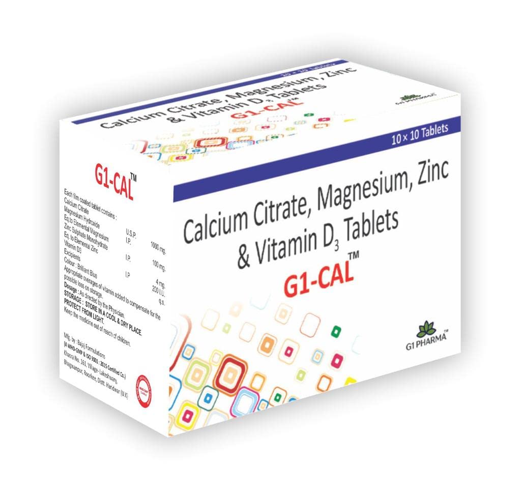 G1 PHARMAG1-CAL containing Calcium Citrate 1000 mg, Magnesium 100 mg, Zin 4 mg & Vitamin D3 200 I.U. Tablets, Pack of 50 Tablets