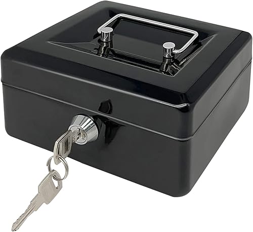 Miniatura 11 de Caja de efectivo de acero con cerradura de llave, organizador de dinero pequeño de metal con bandeja para dinero, caja de almacenamiento de efectivo