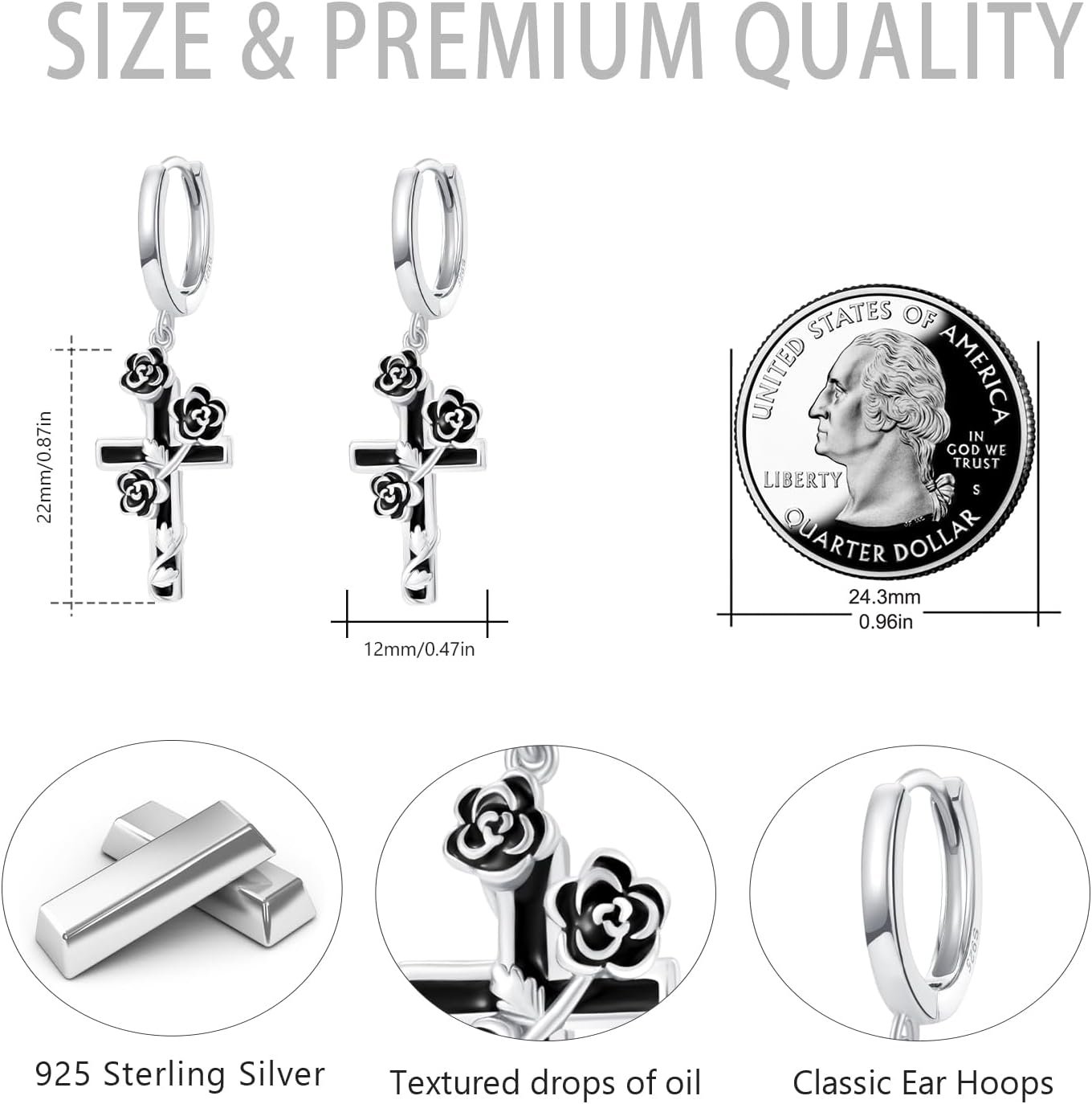 CUOKA Cross Earrings Sterling Silver Gothic Rose Flower Cross Dangle Earrings Jewelry Gifts for women - Image 2
