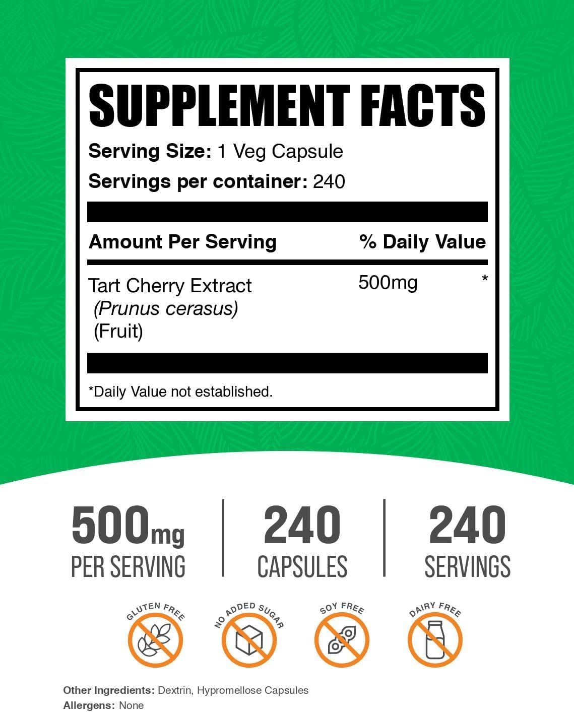 BulkSupplements.com Tart Cherry Extract Capsules- Tart Cherry Supplement, Tart Cherry Capsules 500mg - Antioxidant Source, Gluten Free, 1 Capsule per Serving, 240 Veg Capsules (Pack of 1)