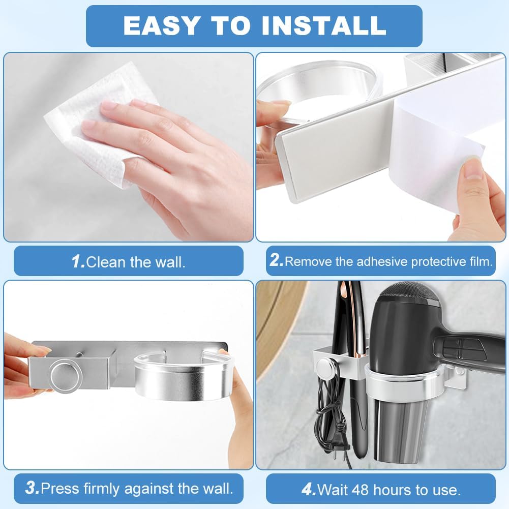 Hair Dryer Holder, Wall Mounted Hair Dryer and Straightener Holder, 2 in 1 Hai-r Tool Organizer & Storage for Bathroom, Hai-r Care Styling Tool Holder(COLOR:silver)
