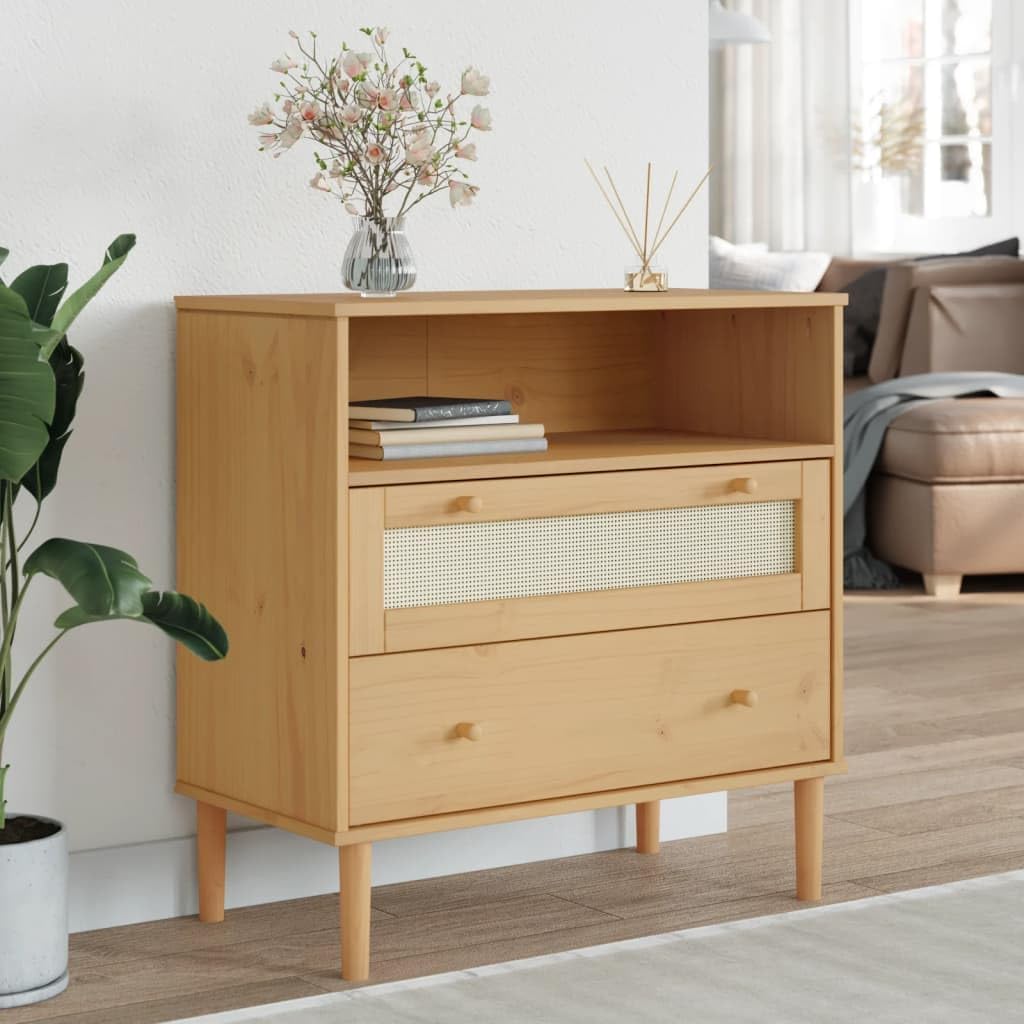 Solid Pine Wood Sideboard with Rattan Details in Warm Brown Finish, 3 Compartments and 2 Drawers for Ample Storage, Modern Bohemian Furniture for Living Room Hallway