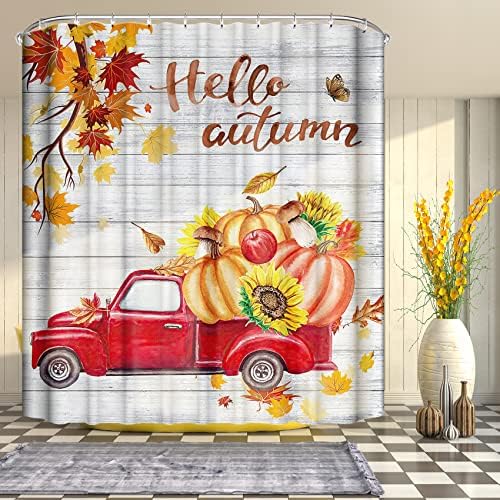 BEIFIVCL Fall Shower Curtain for Bathroom, Decorative Truck Farmhouse Autumn Shower Curtain Fabric Sunflower Pumpkin Yellow Rustic Wooden Thanksgiving Holiday Fall Bathroom Decor with Hooks,72x72 Inch