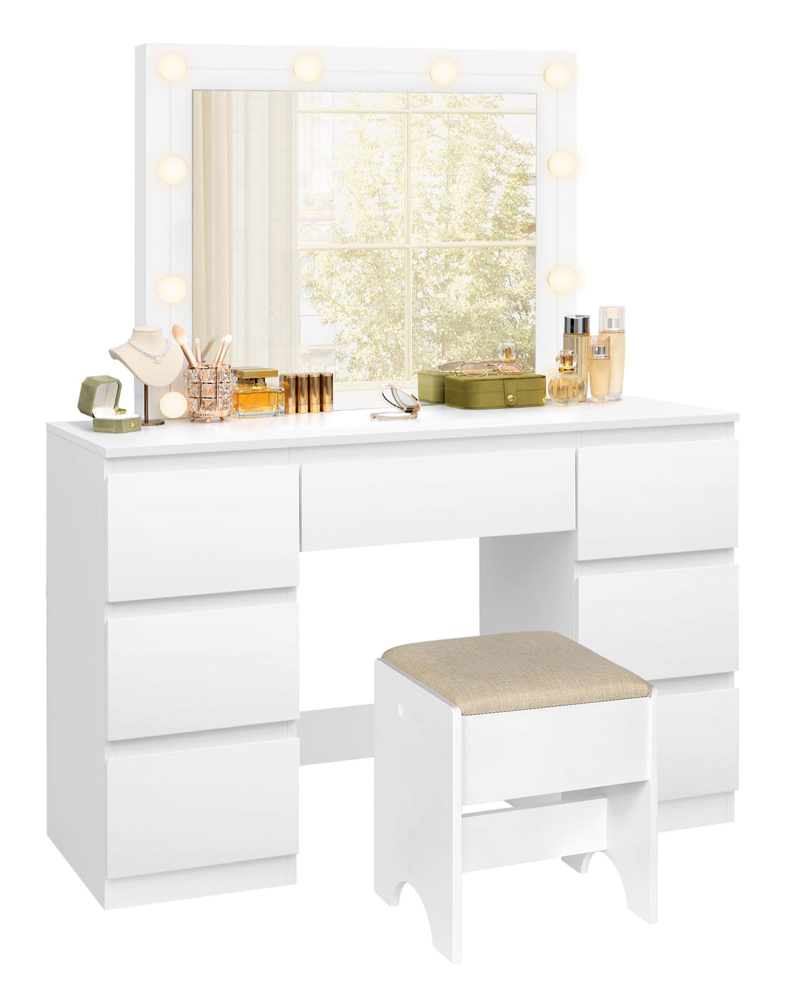 WOLTU Vanity de Maquillaje, Tocador de Maquillaje con Taburete, Tocador con Espejo y Luz LED, Luz Ajustable, con 7 Cajones, para Dormitorio, Sala de Belleza y Vestidor, 107x39,5x140,5 cm, Blanco