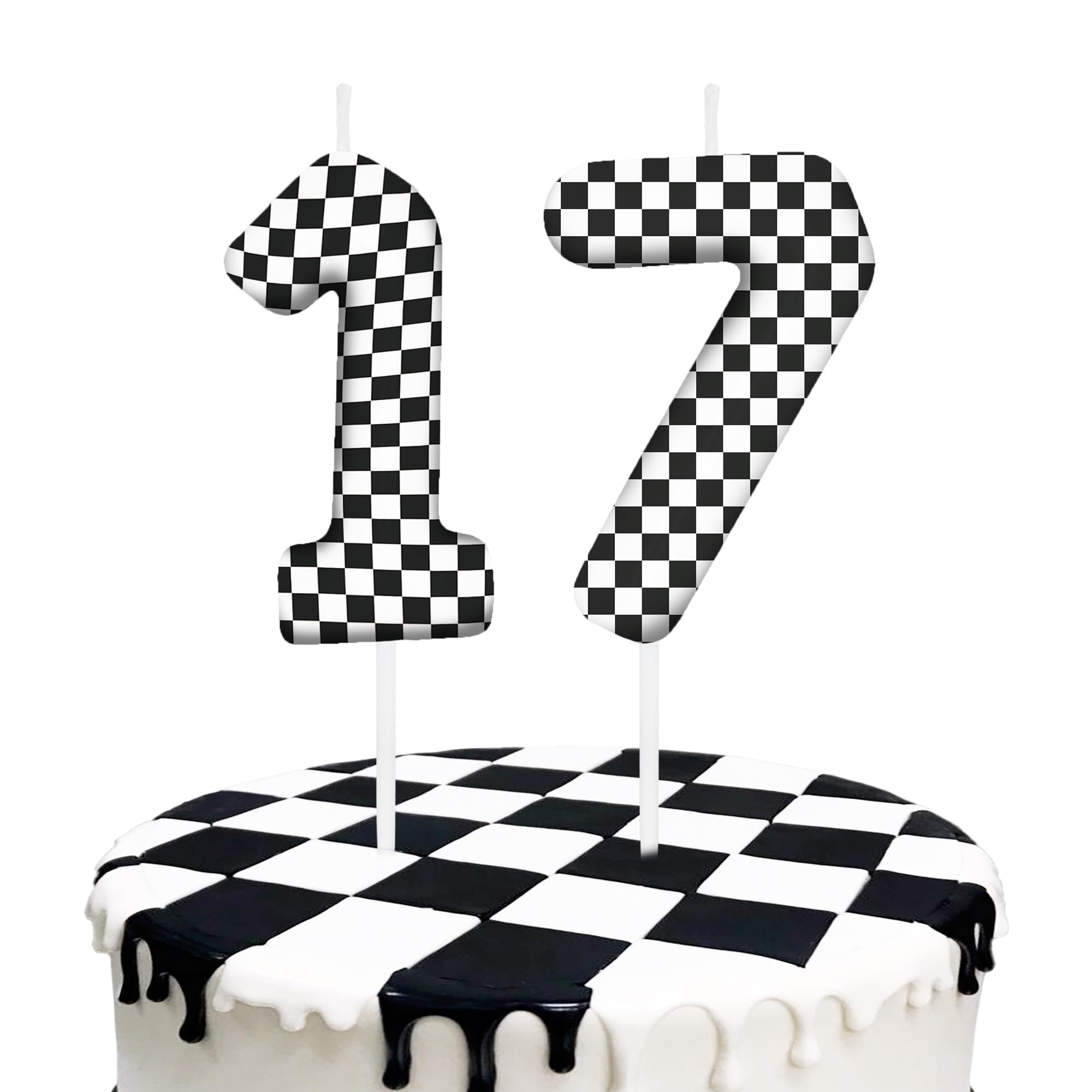 Black White Checkered 17th Birthday Number Candles, Number 17 Candle Cake Toppers for Race Car Themed Parties, 17th Birthday Cake Candles for Boys and
