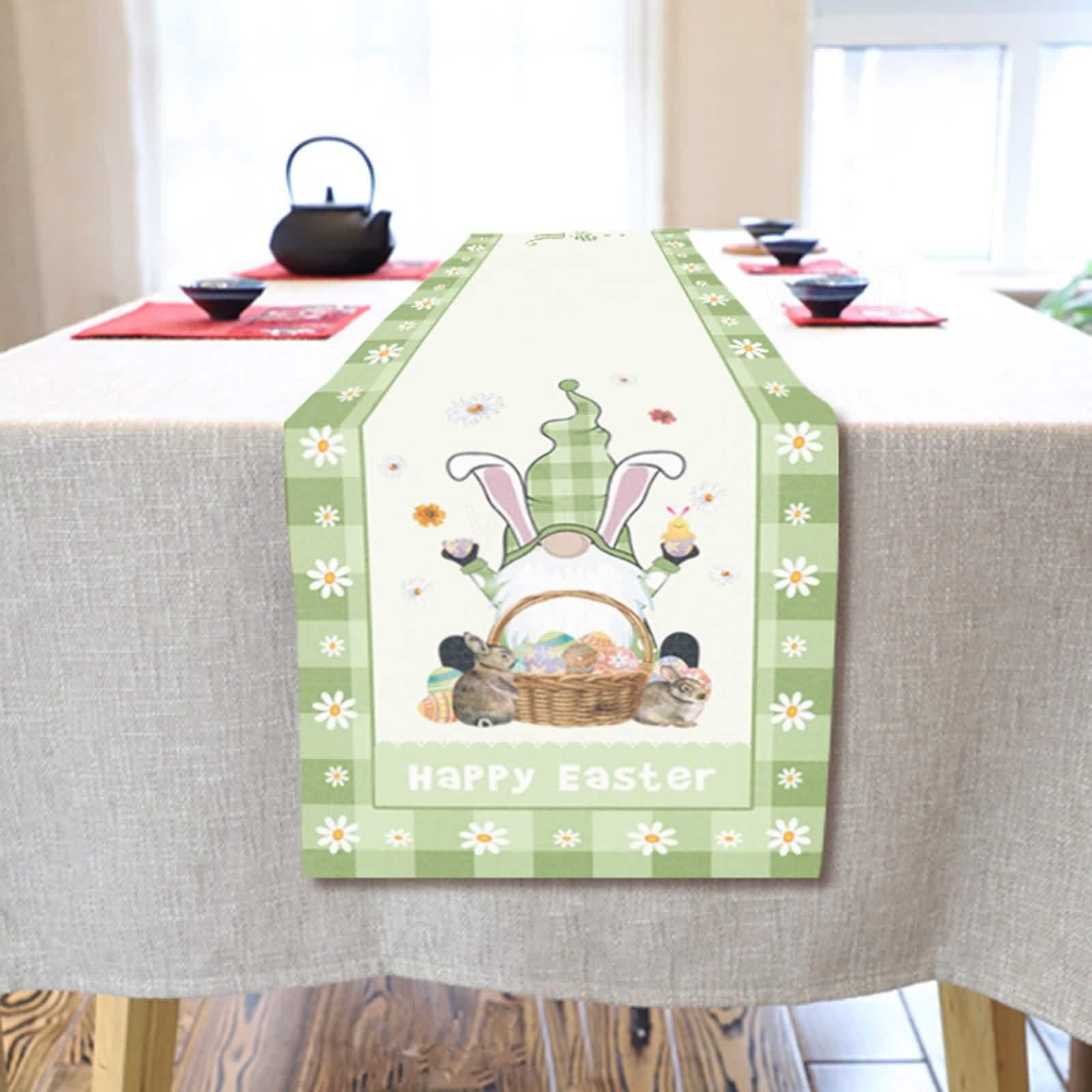 Bieżnik na stół bożonarodzeniowy, bieżnik na stół do jadalni zielony 40 x 180 cm Happy Easter bawełna len salon nowoczesna dekoracja kuchni wesela domowe