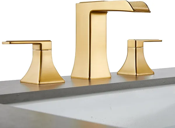 Sanliv Widespread Bathroom Faucet 3 Hole, Brushed Gold Bathroom Sink Faucet, Waterfall Bathroom Faucet, Two Handle Vanity Faucets for Sink 3 Hole with Pop Up Drain