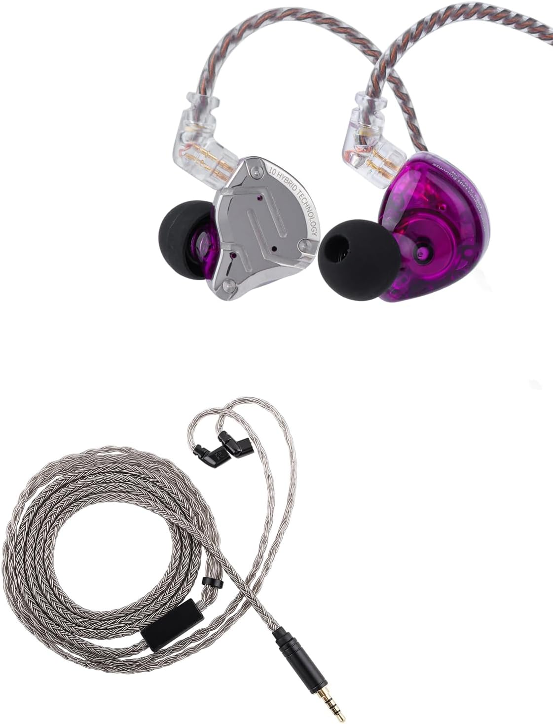 Linsoul KZ ZS10 Pro, 4BA+1DD 5 Driver in Ear Monitor, HiFi Wired Earbuds, Gaming Earbuds(Without Mic, Purple) + Tripowin Zonie HiFi in-Ear Monitor Upgrade Cable(3.5MM,Recessed 2Pin)