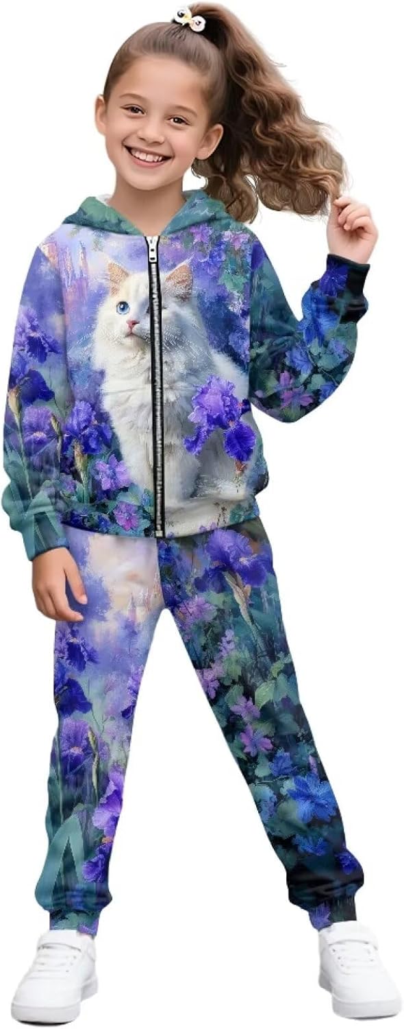 Hoodie and Sweat Pants Set for Girls 6-15Y Zip Up Sportswear Comfy Sweatsuit