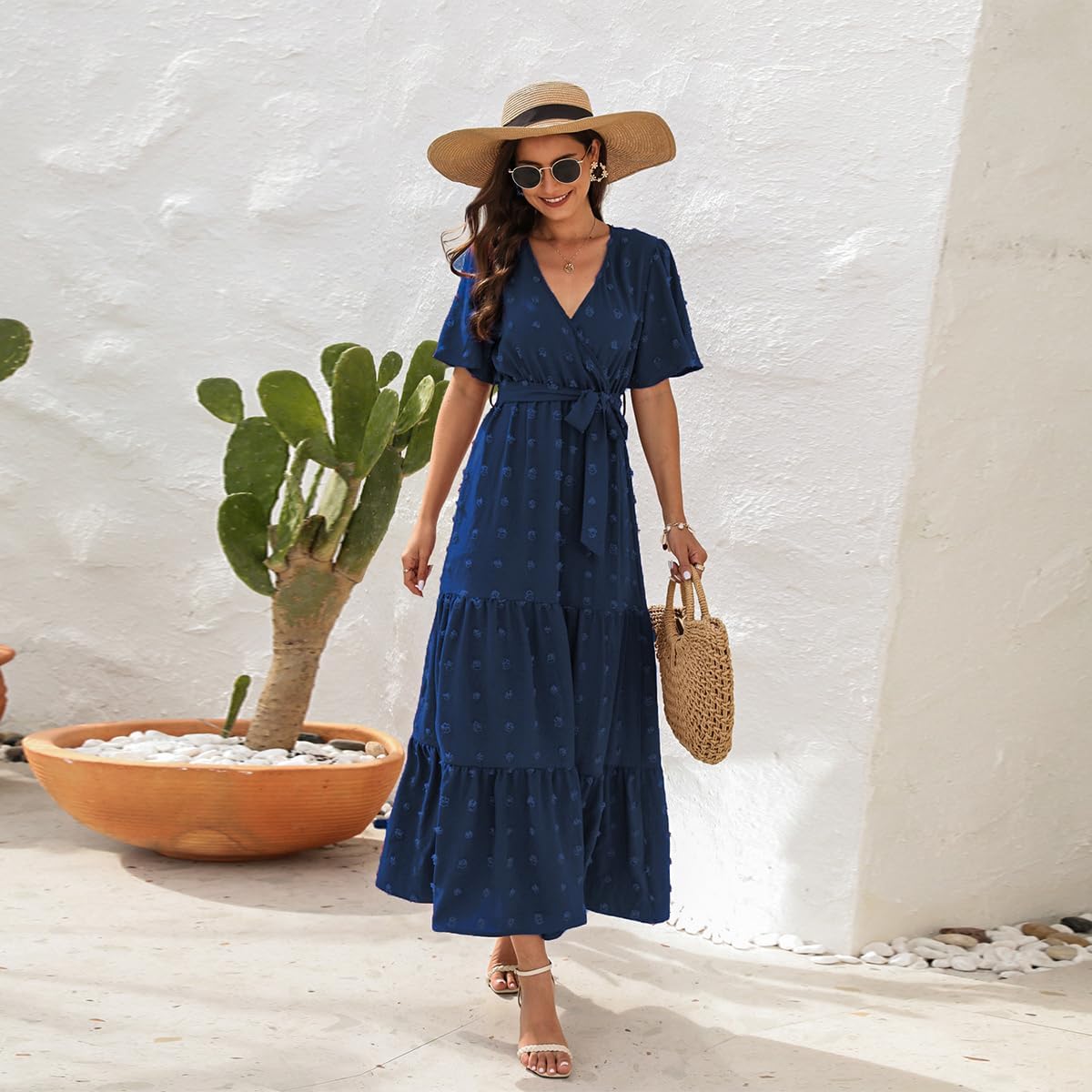 IKADEX Women Casual Swiss Dot Tiered Maxi Dress Short Sleeve Wrap V-Neck A-line Boho Flowy Summer Dress - Image 3