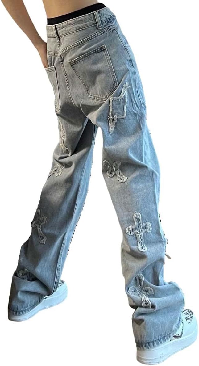 MLAFEGothic Men's Crossbody Patch Distressed Harajuku Jeans