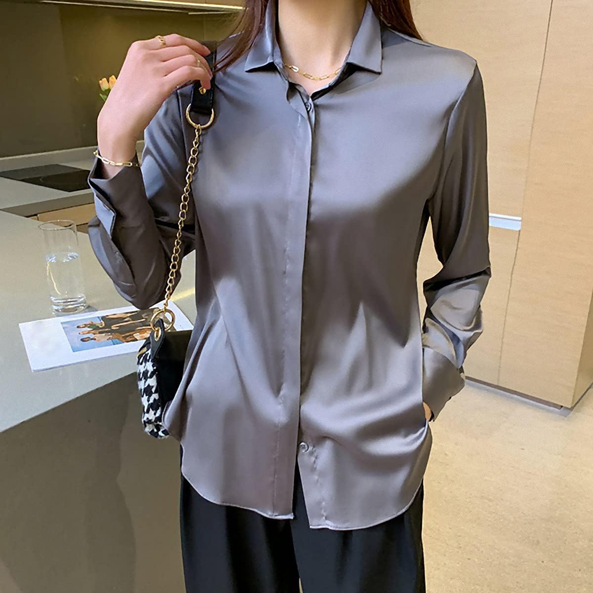 Women's Satin Blouse Fashion Long Sleeve Satin Silk Shirt Work Office Top Casual Shirt - Image 5