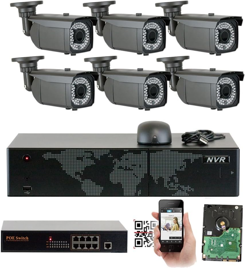 GW Security GW2208E 8 Channel 1920P NVR Security Camera System with 6-Piece 5 MP Weatherproof 2.8-12mm Varifocal Cameras and PoE Switch