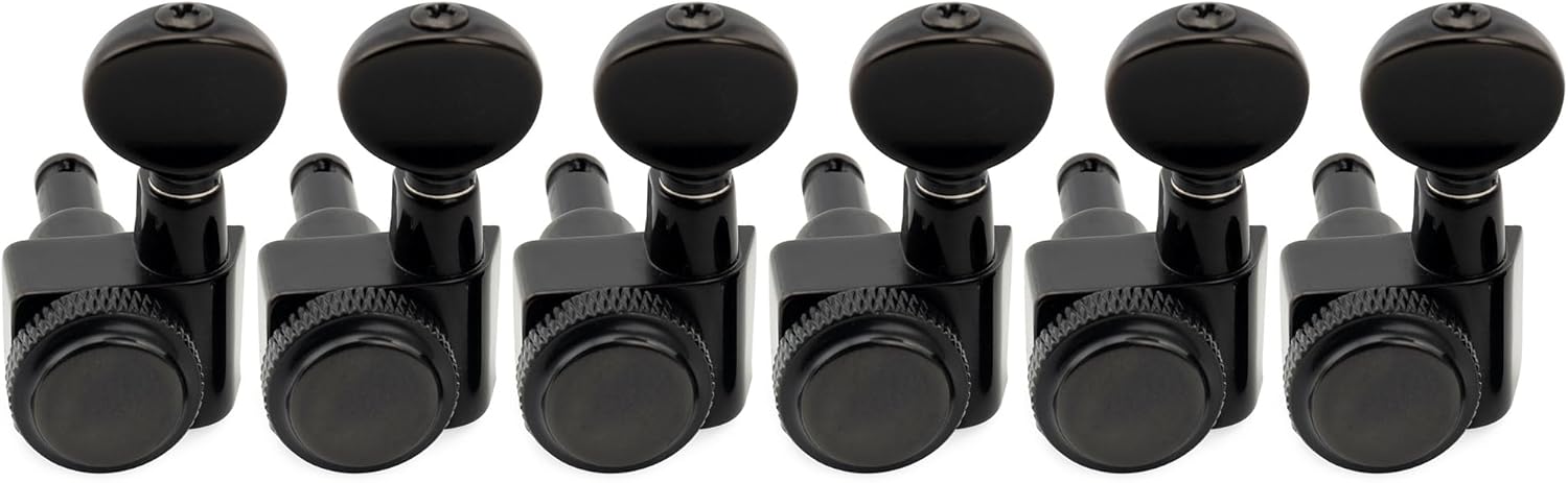 Musiclily Pro Left-Handed 6-in-line 18:1 Ratio 2-Pin Full Sealed Locking Machine Heads Tuners Tuning Pegs Keys with Vintage Oval Button for Fender Strat Tele Style Electric Guitar, Black