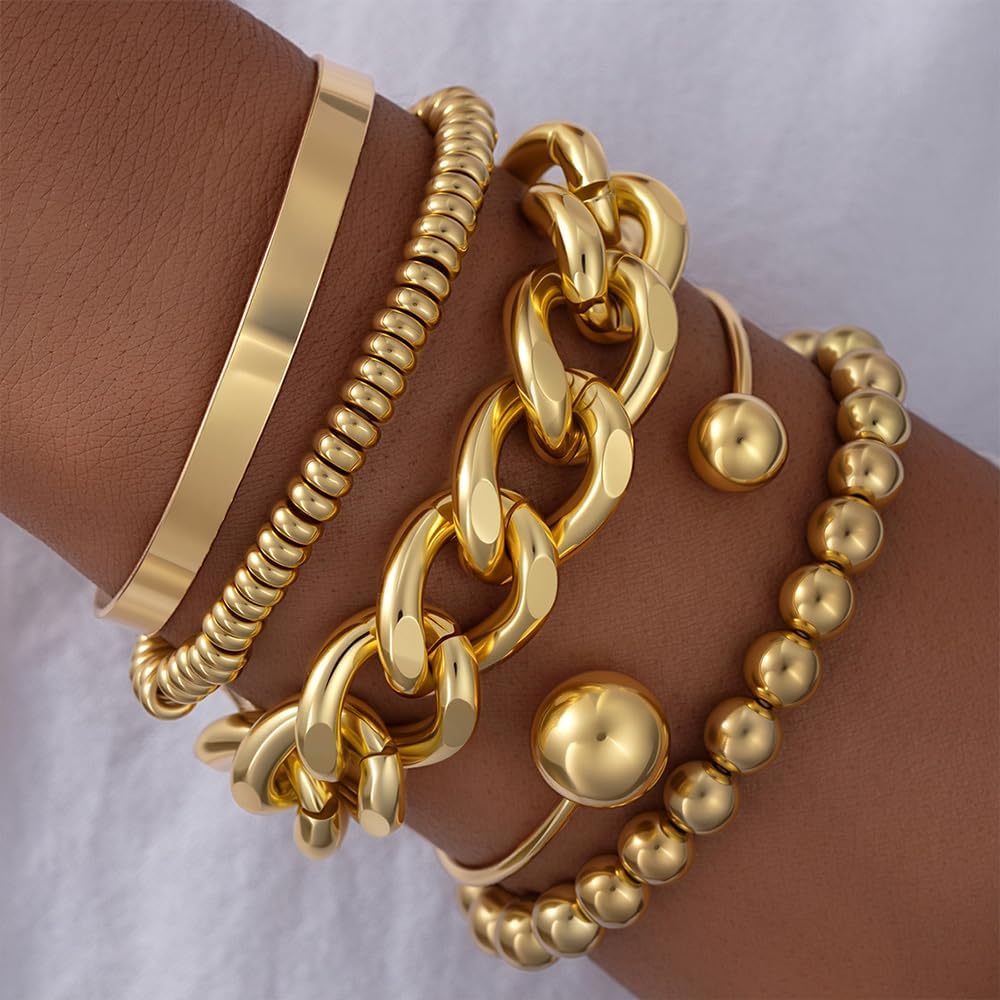 Gold Beaded Bracelets Big Thick Cuban Cuff Large Wrist Beads Ball Stretch Bangle Bracelet Stacks Chunky Stackable Braclet Plus Size Jewelry Pack for Women - Image 5
