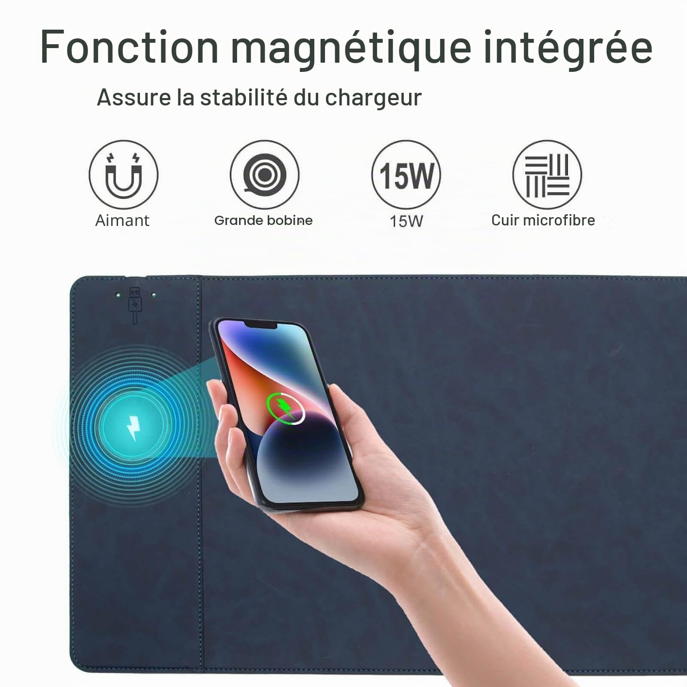 Tapis de chargement magnétique sans fil - Charge rapide de 15 W - 80 x 30 cm - En cuir microfibre - Étanche - Avec surface anti-rayures - Pour bureau, maison, ordinateur portable - Accessoire