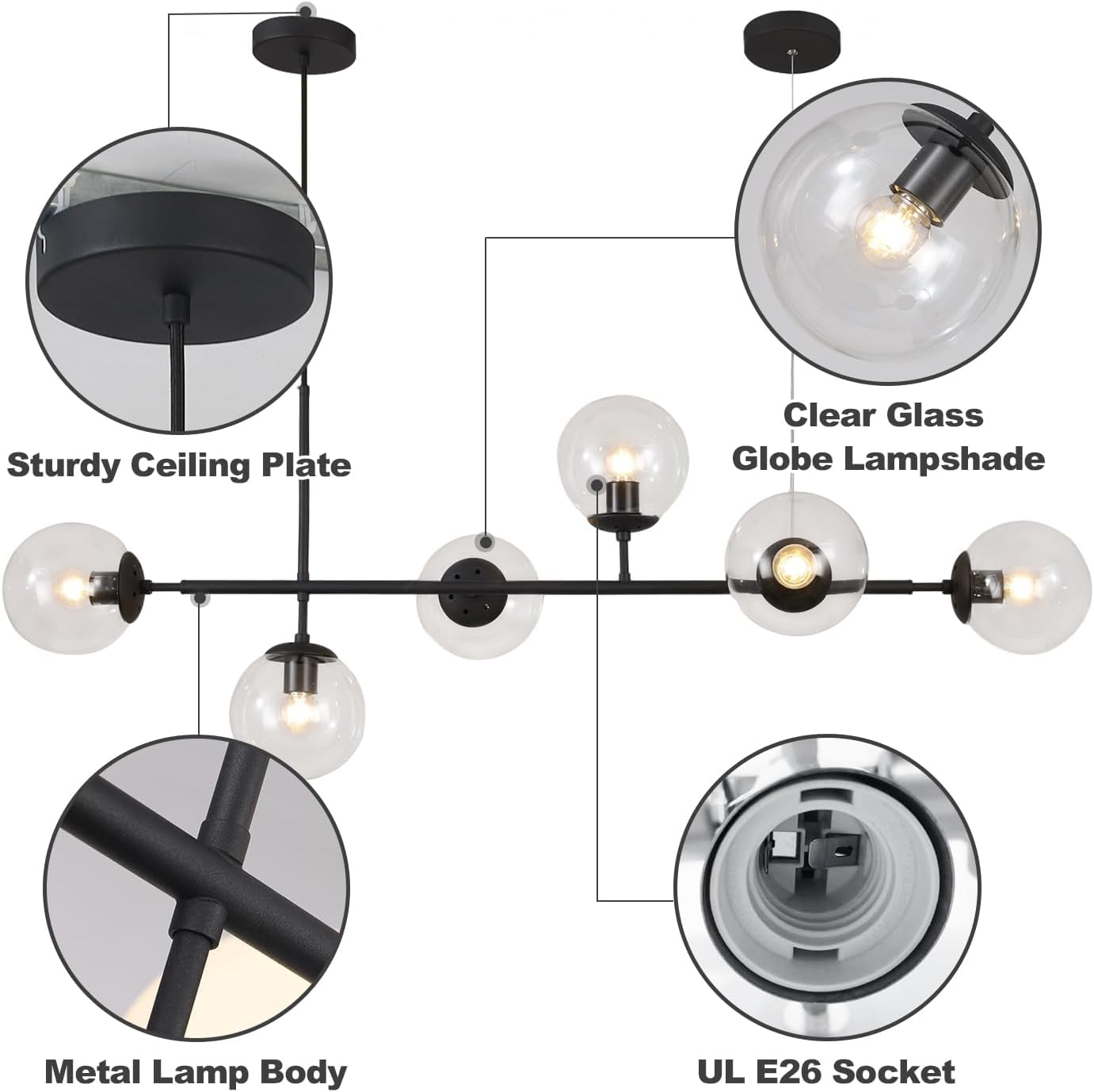 KCO Lighting 6-Light Clear Glass Globe Pendant Light Mid Century Modern Rectangular Sputnik Chandelier Vintage Black Linear Kitchen Island Pendant Lighting Dining Room (Black+Clear)
