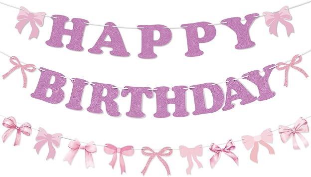 3Pack Bow Happy Birthday Banner Glitter Pink Bow Garlands for Girls Women Bow Birthday Party Decorations Bridal Shower Baby Shower Party Supplies
