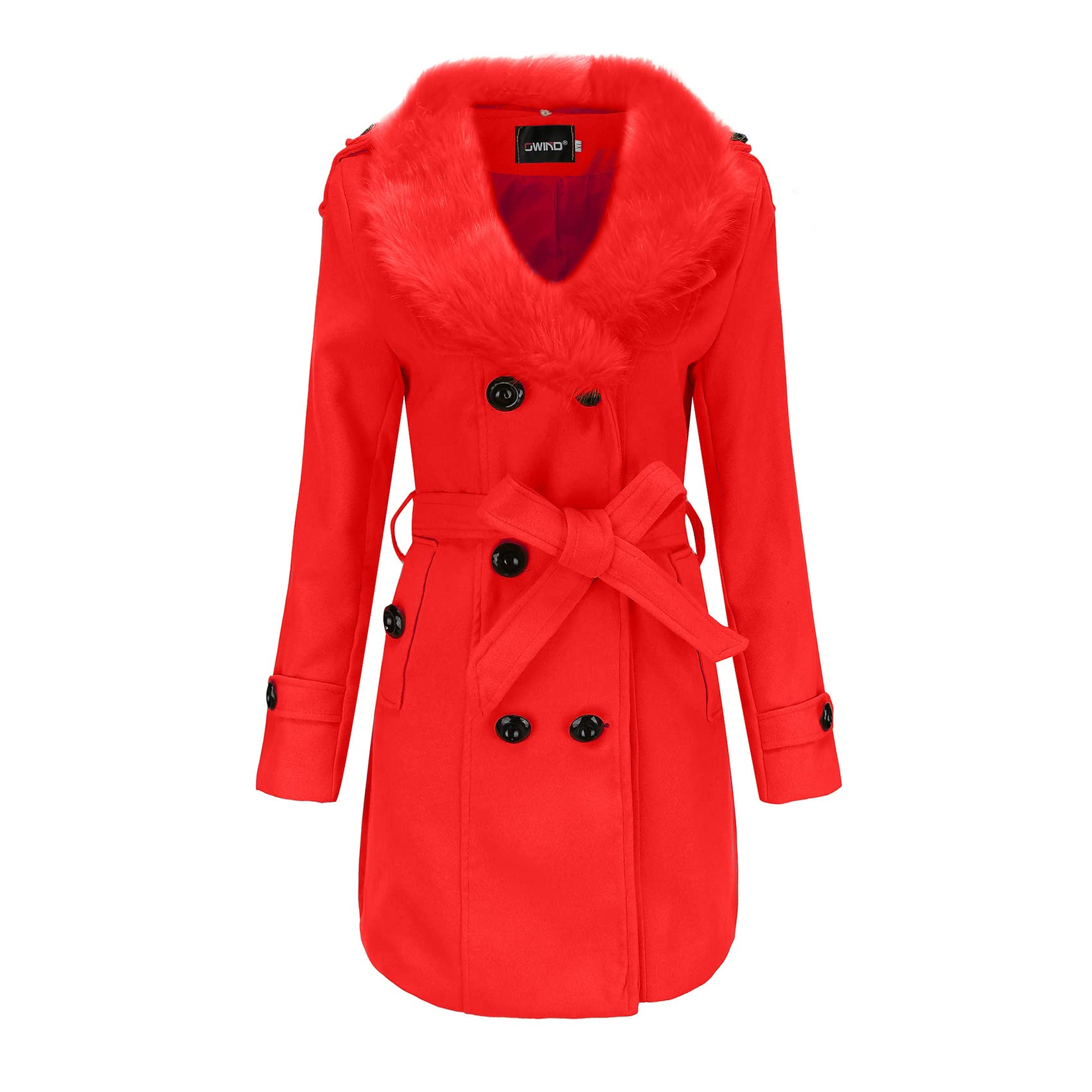 Manteau en Laine Mi-Long Femme, Trench d'Hiver à Grand Col en Fourrure, Double Face, Rouge