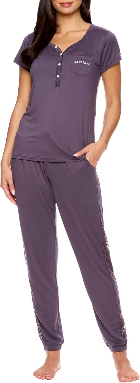 bebe Womens Pajama Set, Short Sleeve Shirt with Lace Jogger PJ Pants Lounge Sets for Women