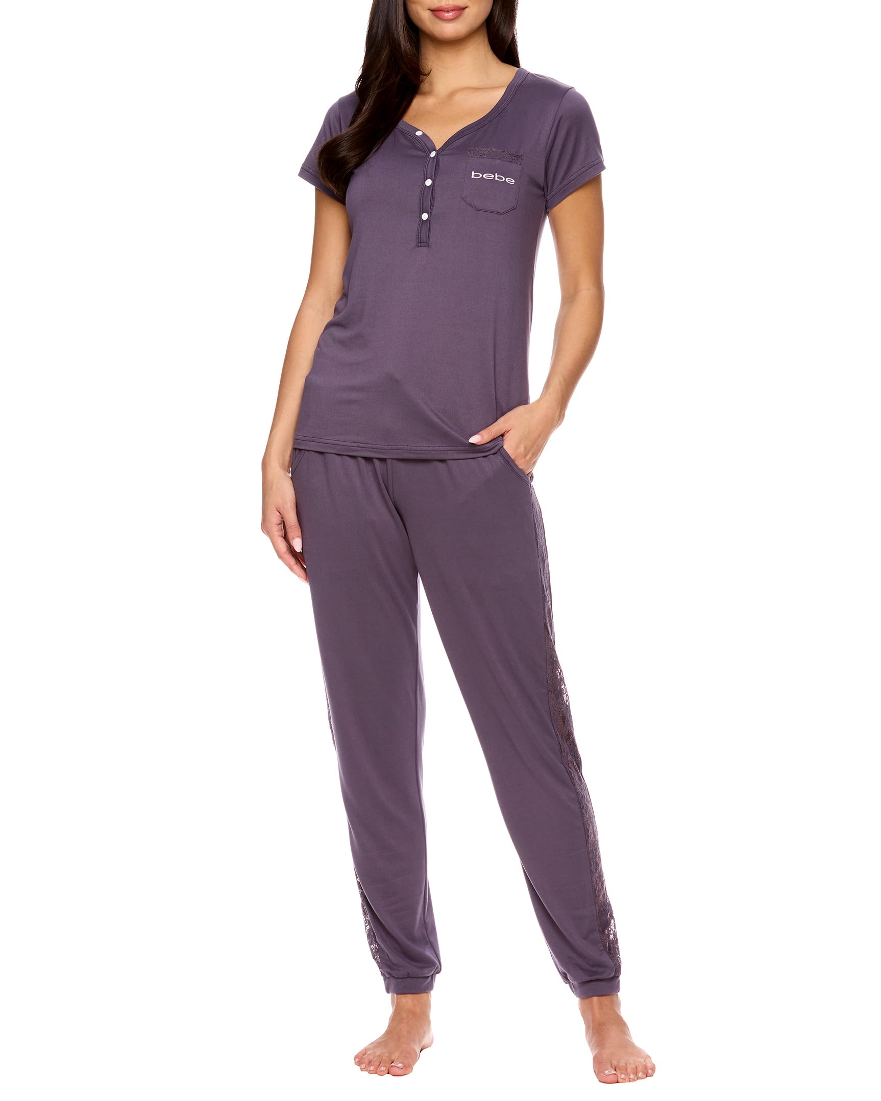 bebe Womens Pajama Set, Short Sleeve Shirt with Lace Jogger PJ Pants Lounge Sets for Women