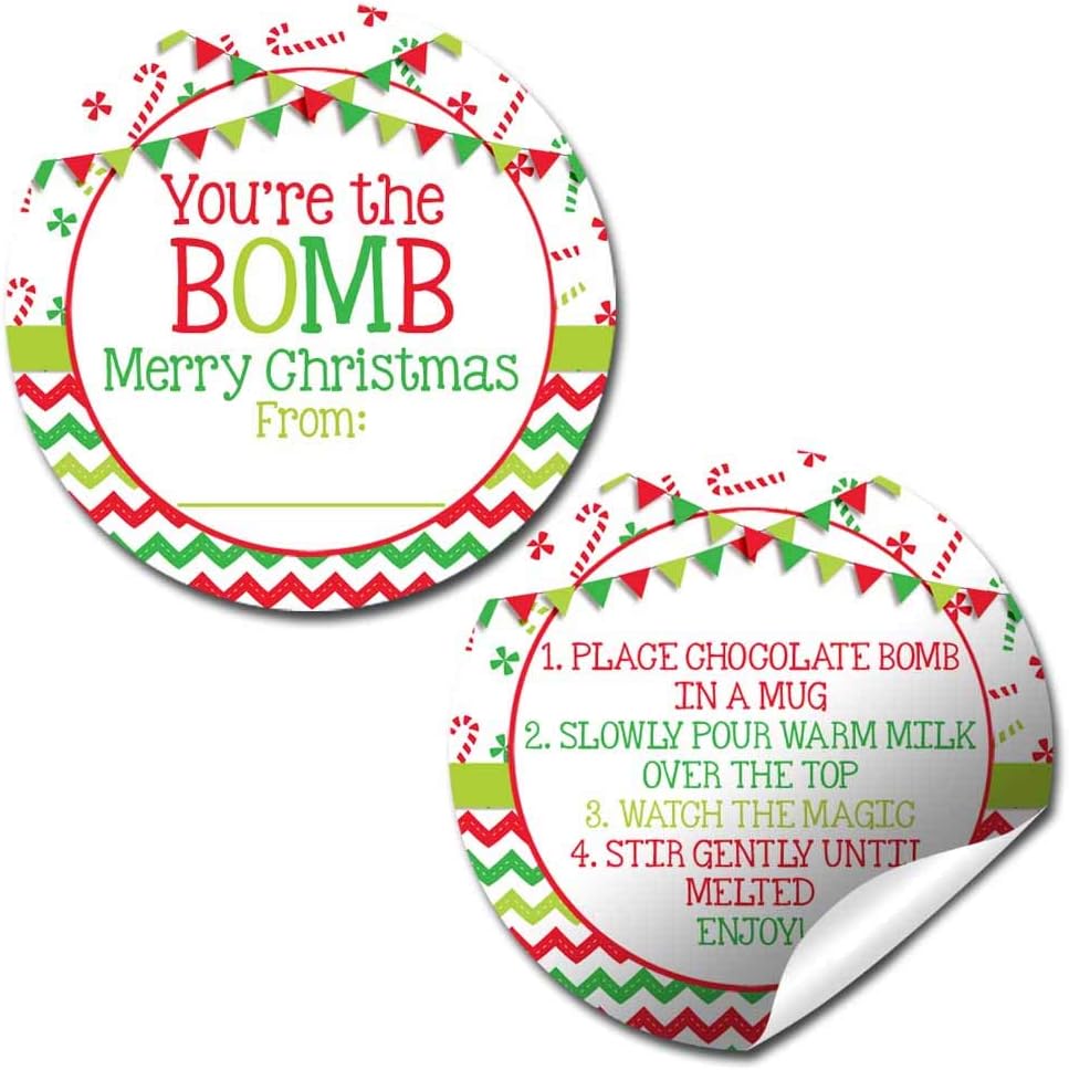 amazon com you re the bomb merry christmas themed hot cocoa bomb sticker labels total of 40 2 circle stickers 20 sets of 2 by amandacreation beauty personal care
