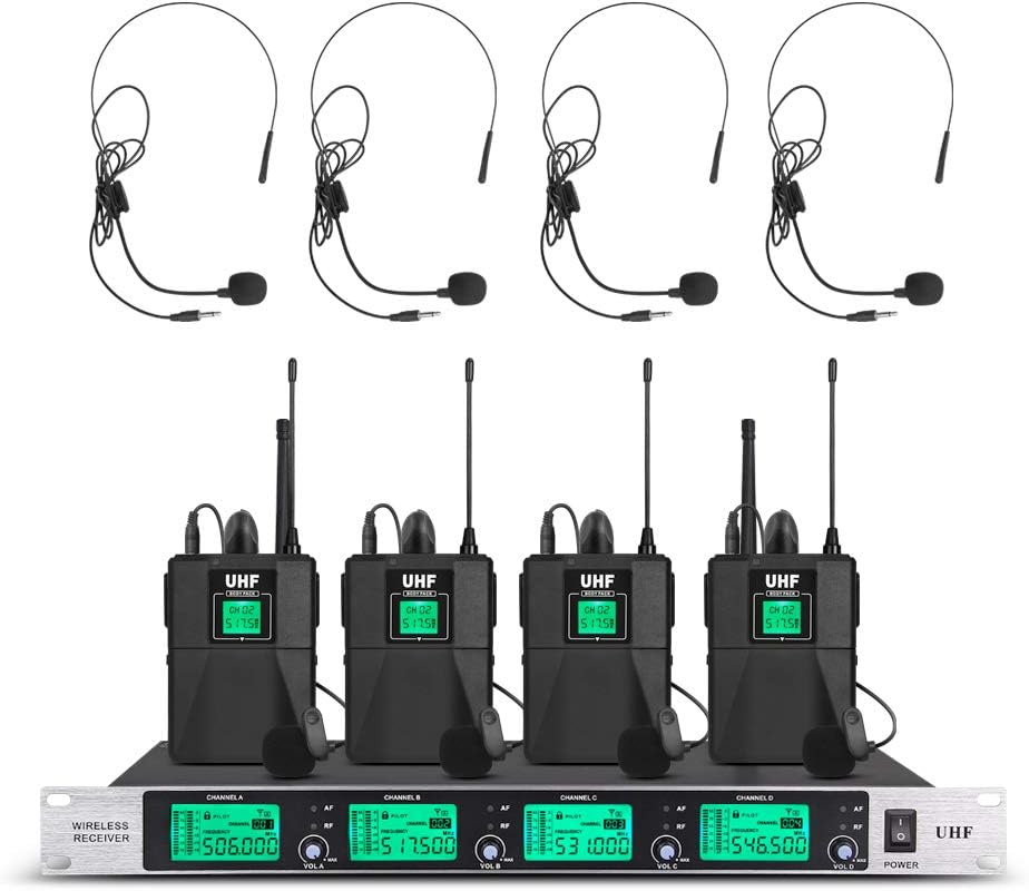 UHF 4 Channel Wireless Microphone System Pro 4 Headset & 4 Lavalier Lapel Mic 4 Bodypacks Dynamic Mics with New FCC Frequency for Conference Meeting Speech Karaoke Party Wedding Church