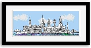 Edinburgh skyline art print, Mounted, Framed, coloured background, 50cm x 23cm, Edinburgh print