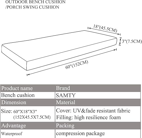Miniatura 2 de Cojín de banco impermeable para muebles de exterior, jardín, porche, columpio, para silla de patio, ventana, almohadilla de asiento de 60 x 18