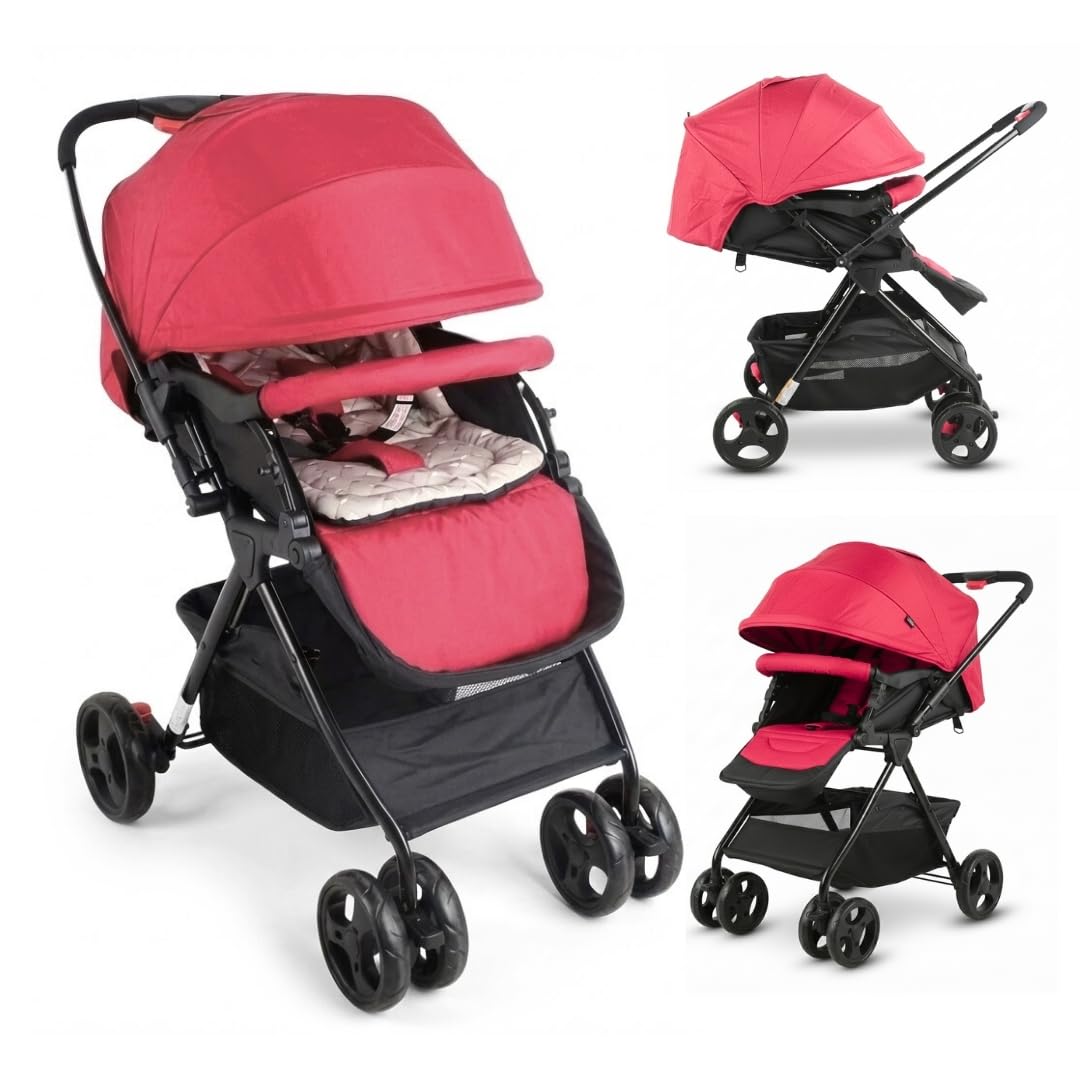 OBABY Stroller with Reclining Seat, Adjustable Canopy, Safety Harness, Smooth Wheels, Compact Folding Design, Red-picture-11