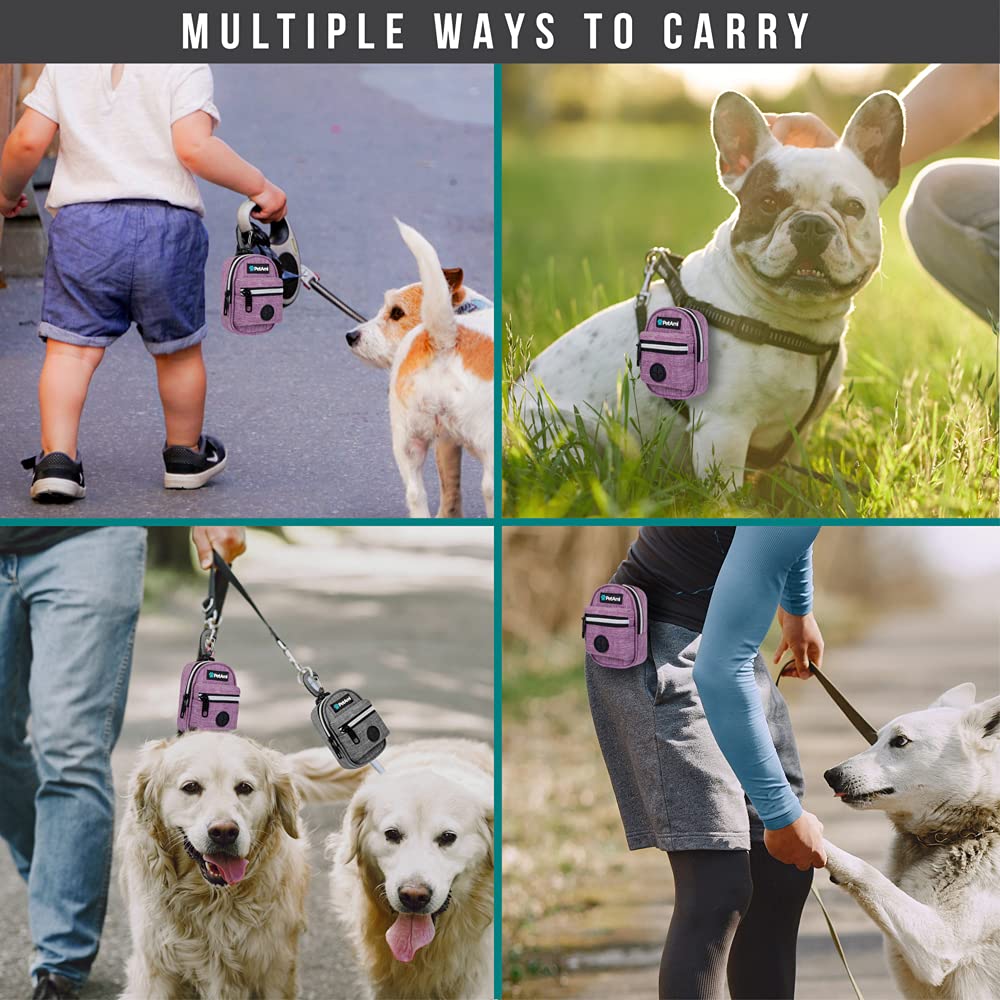 PetAmi Soporte para bolsas de excrementos de perro, dispensador de bolsas de basura para mascotas con clip para perros, accesorios para caminar, viajes, camping, bolsa de golosinas para perros,