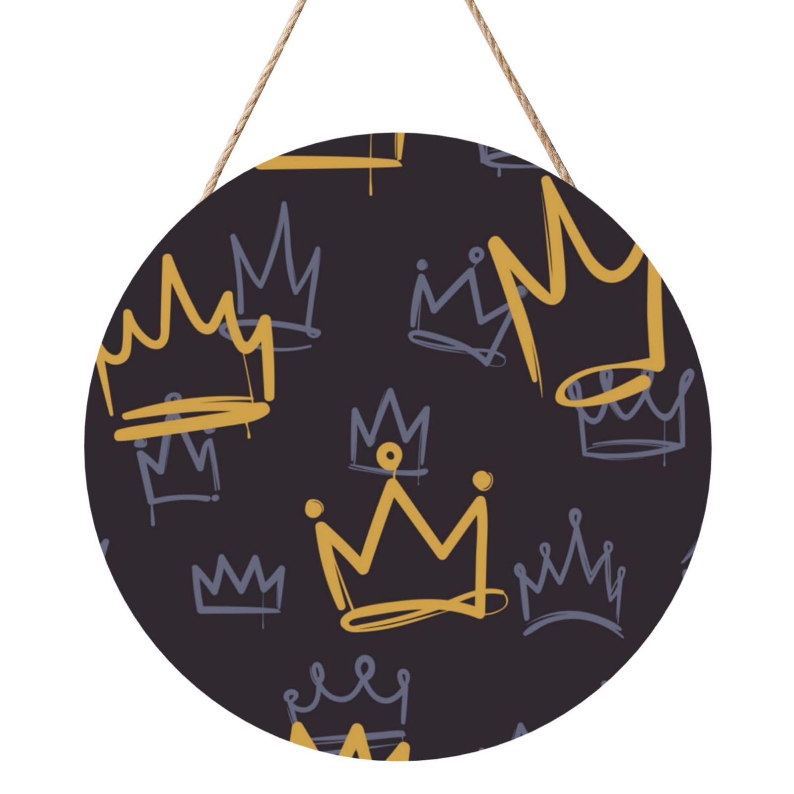 InOmak Crown Doodle, Round Wood Panel Painting 12 in, Wall Hanging Painting For Home