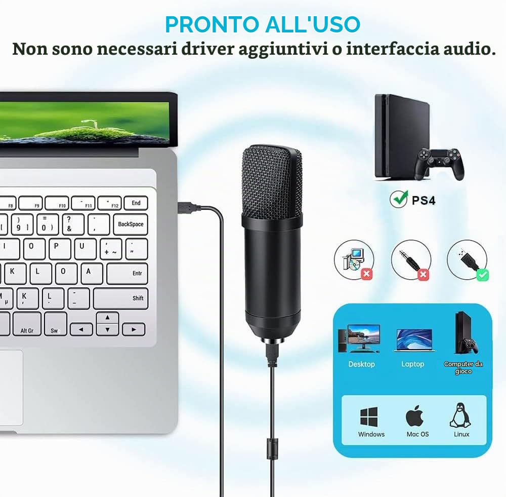 Diealles Shine Microfono a Condensatore, 192KHz/24Bit USB Microfono con Filtro Antipop, Supporto Regolabile per Podcast, Youtube, Compatibile con PS4