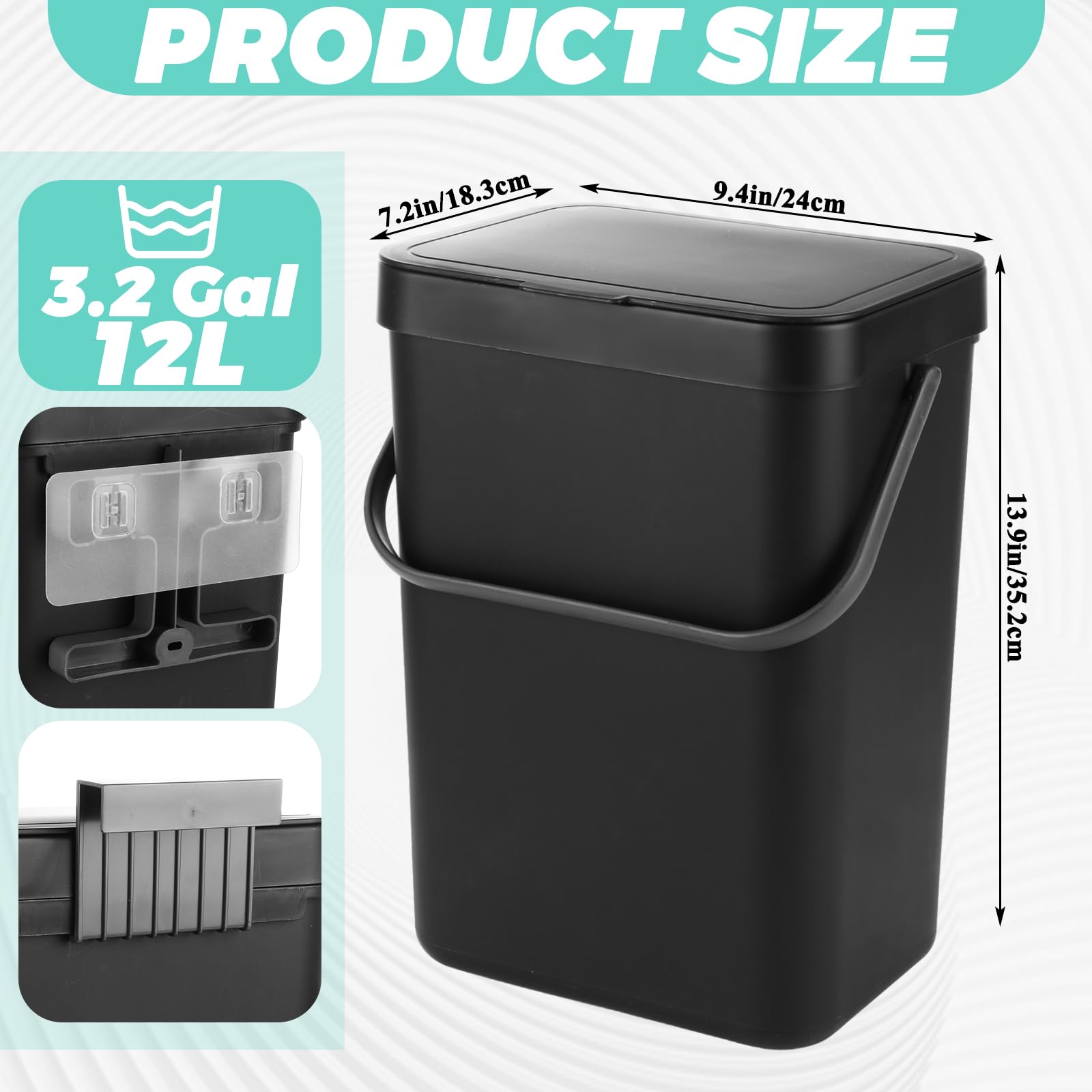WOPPLXY Bote de basura colgante con tapa, cubo de basura colgante de cocina de 3.2 galones con tapa, cubo de basura montado en la pared para gabinete, debajo del fregadero, baño, dormitorio, oficina