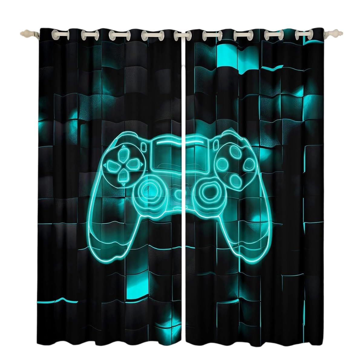 Homewish Gaming Blackout Curtains For Boys Bedroom 46x54 Geometric Gamer Curtains & Drapes For Girls Kids Teal Black Neon Gamepad Window Curtains Video Game Window Treatments 2 Panels