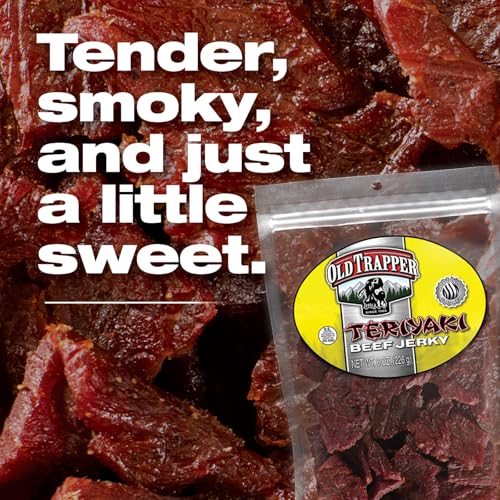 Image of Old Trapper Beef Jerky, Teriyaki 8 Ounce Individual Pack, Tender Meat Snack for Lunches or Between Meals, 11 Grams of Protein, Zero Grams of Fat, and 70 Calories per Serving (Pack of One)