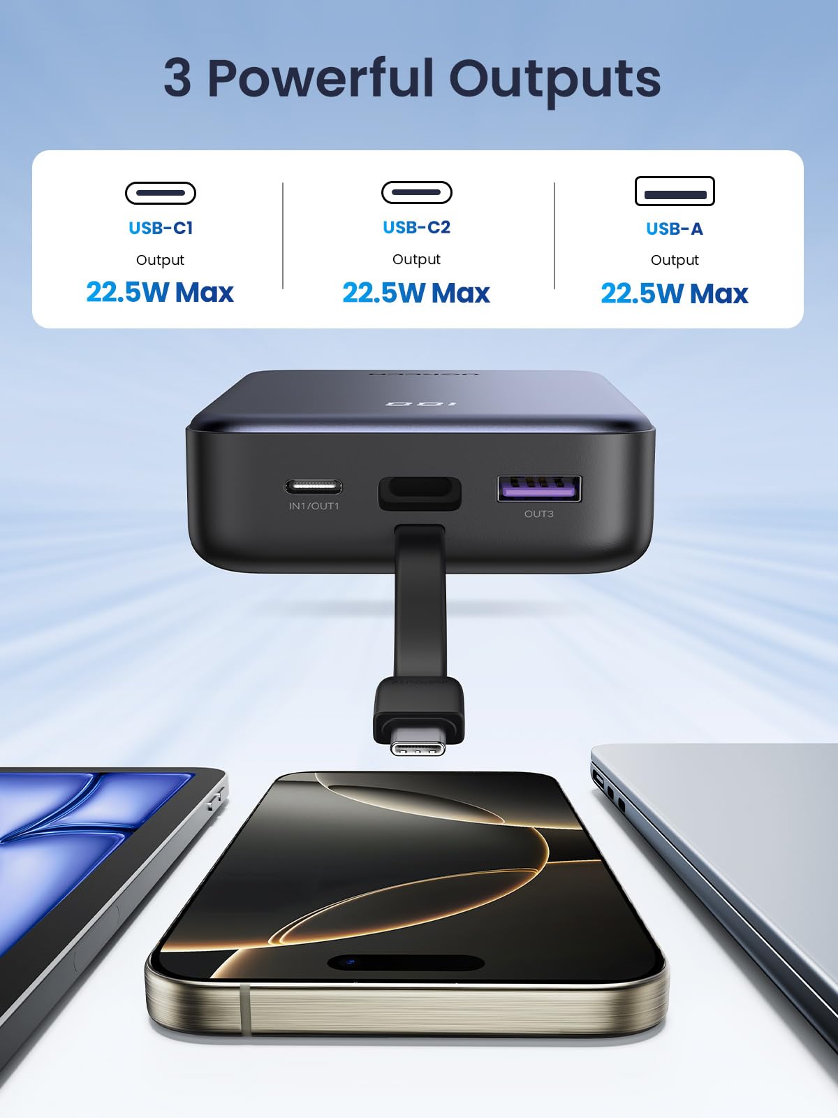 UGREEN Batterie Externe 20000mAh 22.5W Câble USB C Intégré Power Bank Portable Charge Rapide Input Output 2 Ports Écran LED Compatible avec iPhone 17 16 15 14 Air Plus Pro Max Galaxy S25 S24 S23 iPad