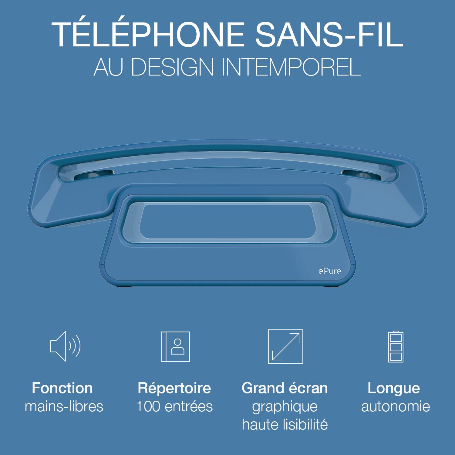 Alcatel ePure Iconic Blue - telefon bezprzewodowy DECT design, łatwy w użyciu, blokada niechcianych połączeń, zestaw głośnomówiący