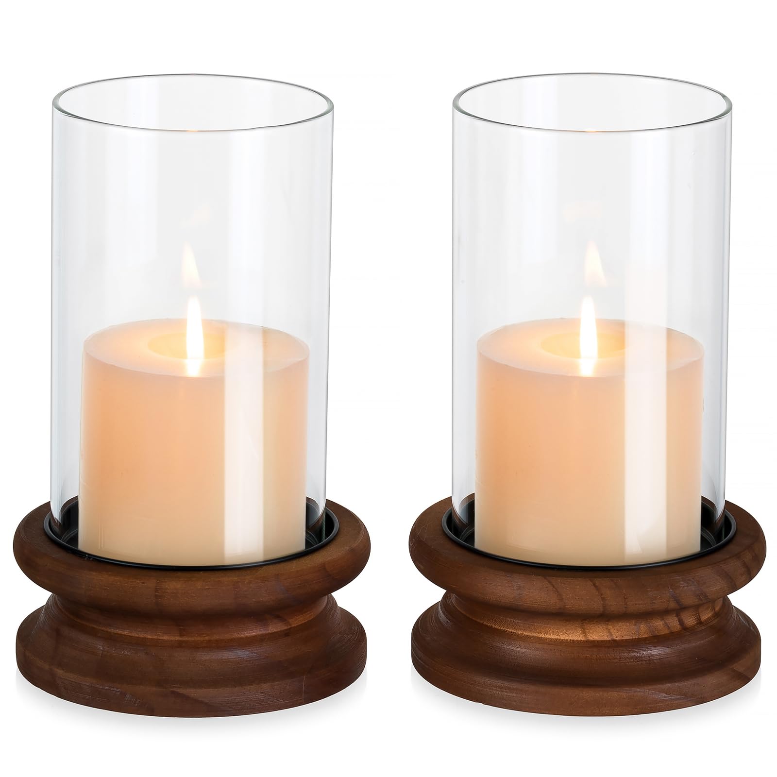 Hewory Portavelas de cristal decorativo para salón: juego de 2 cilindros de cristal vintage para velas con base de madera, soporte para velas grande, para decoración de mesa bohemia, rústica