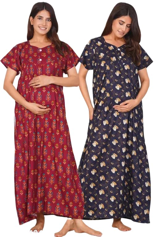 Padmavati Creation' Maternity Feeding Nighty with Front Zipper Soft Cotton Nursing Night Dress for Pregnancy & Breastfeeding CTN_NGT_FLO_CMB_33-image-7