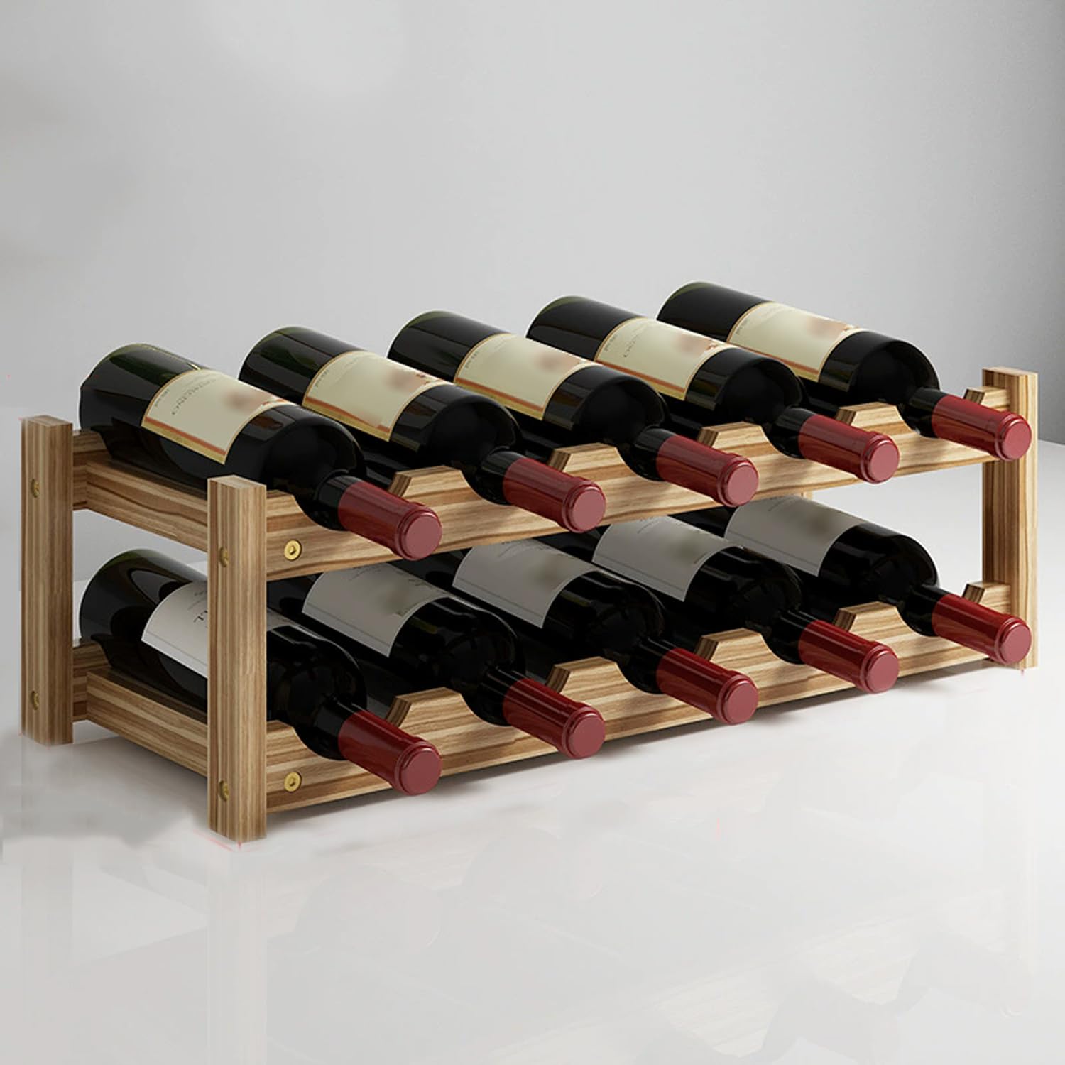 Soporte de exhibición de botellas de vino, estante de vino de madera para armario, cocina, despensa, organizador de almacenamiento de botellas de fácil montaje (2 niveles, 10 botellas, oscuro)
