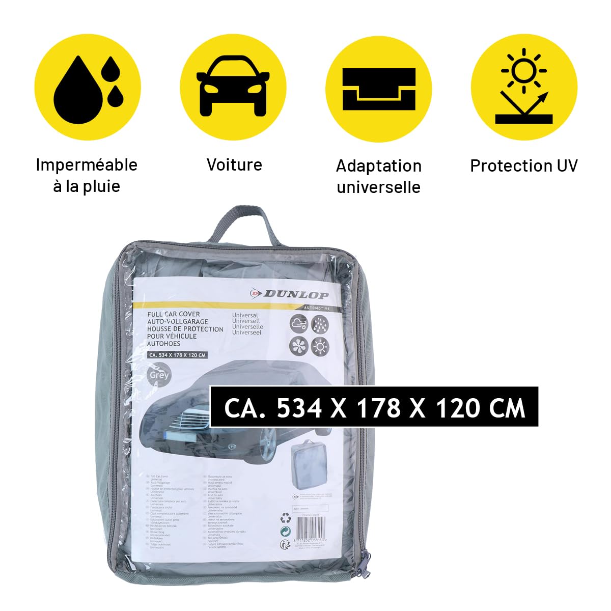 Dunlop Bache Voiture XL - Housse Voiture Universale 534 x 178 x 120 cm - Couverture Imperméable avec Cordon Élastique et Anneaux - pour l'Intérieur et l'Extérieur - Gris